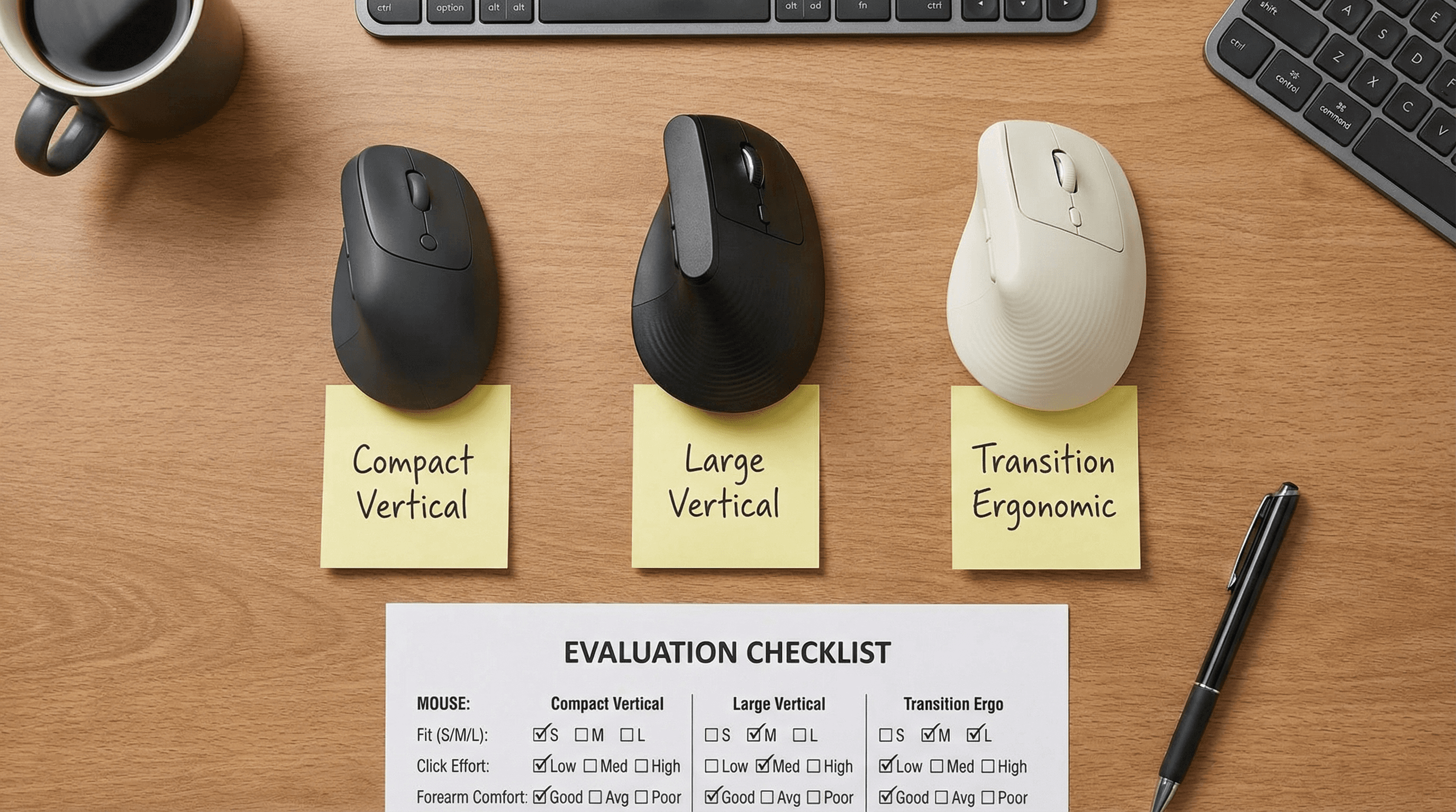 Top-down ergonomic mouse shape comparison for programmers evaluating click effort, shell fit, and coding-session comfort