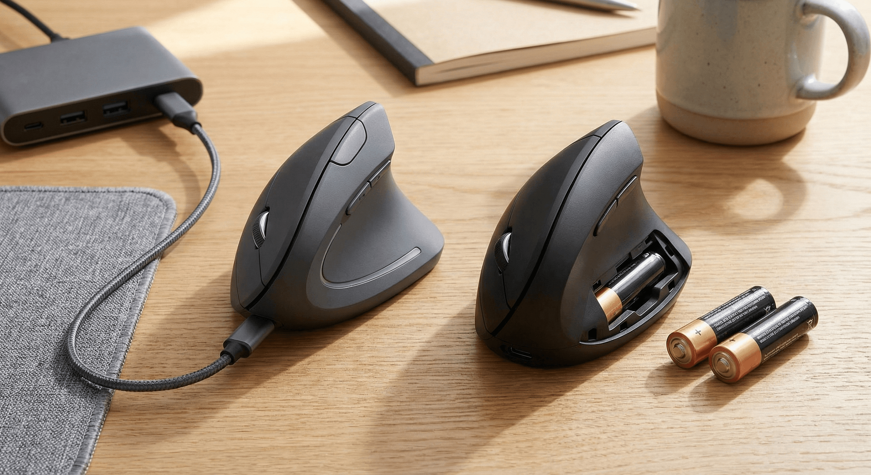 Decision chart comparing rechargeable left-handed mice versus replaceable-battery wireless models for office productivity