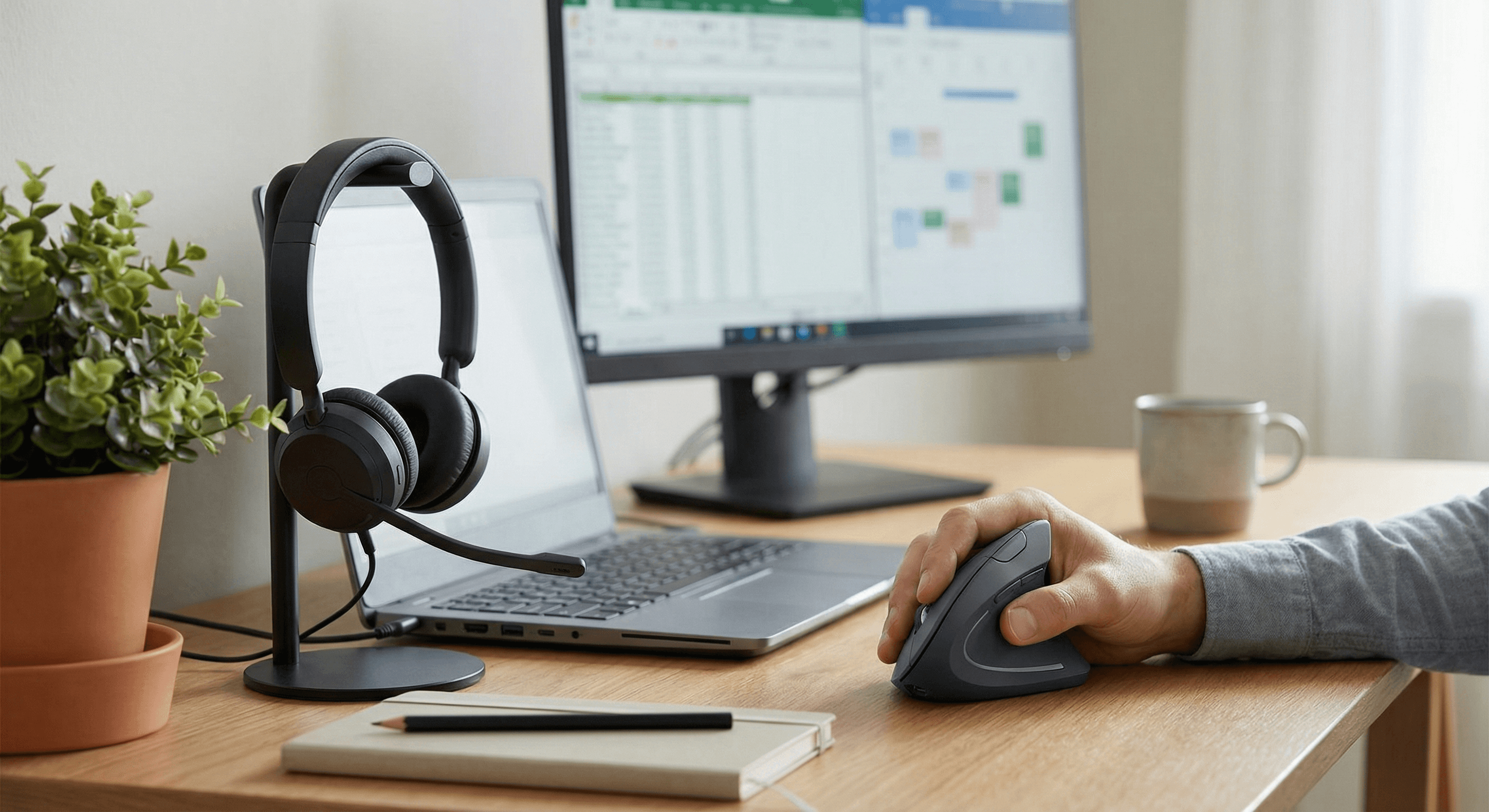 Hybrid office workflow scene illustrating quiet mouse behavior during calls, focused work, and shared spaces