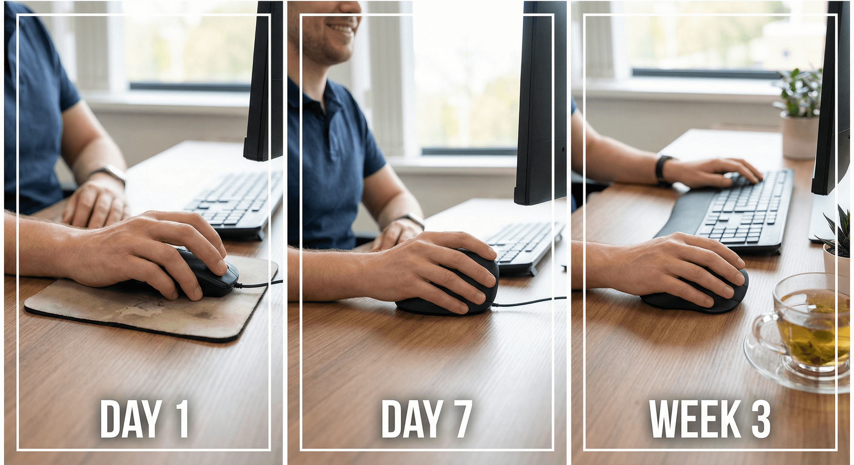 Long work session desk setup showing ergonomic workflow improvements over time