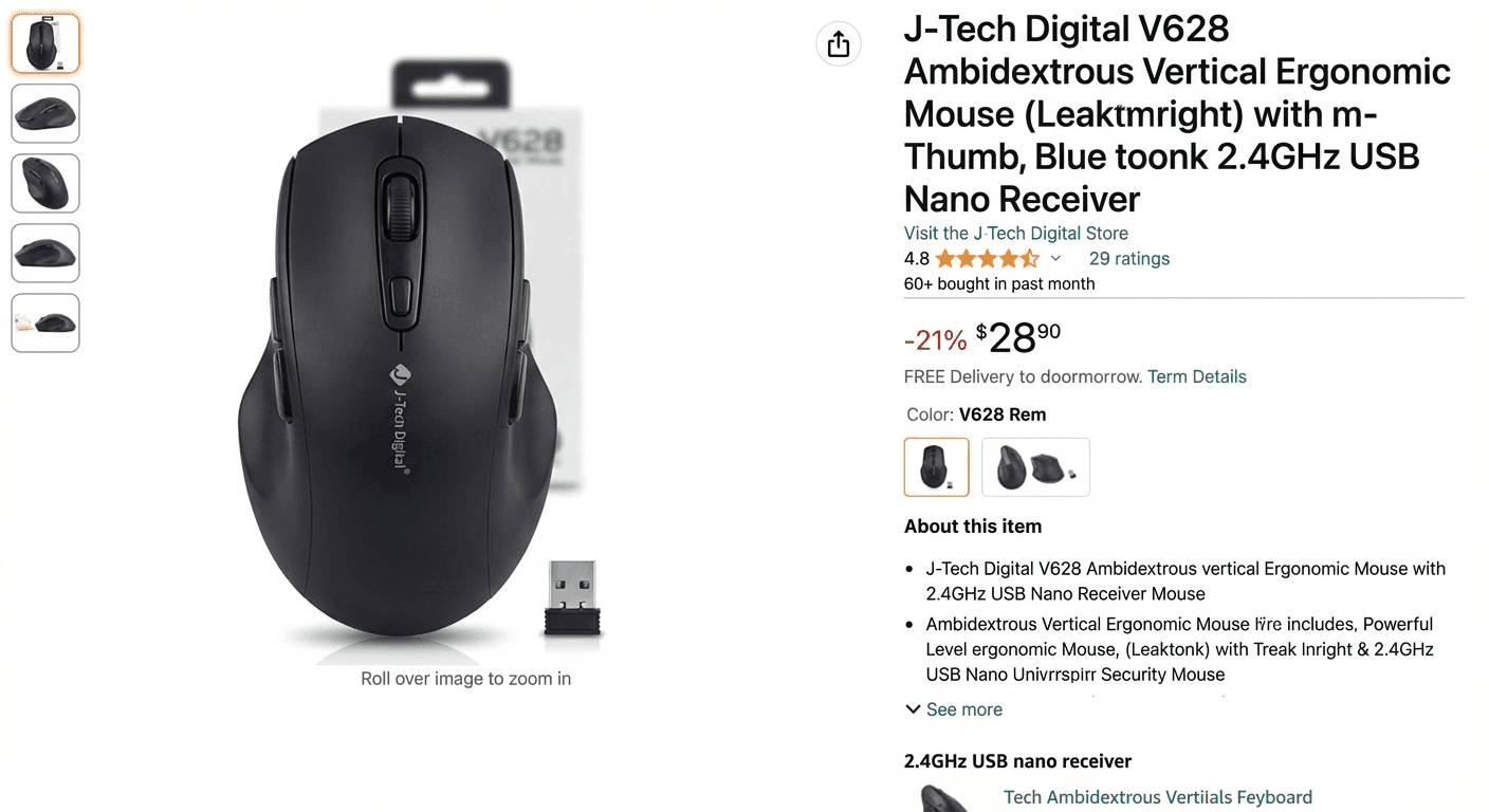 J-Tech Digital V628 Ambidextrous vertical mouse product photo used in Best Vertical Mouse for Left-Handed Users (2026)