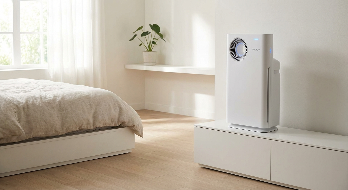 Coway AP-1512HH air purifier correctly placed on bedroom dresser at 2 to 3 feet height for optimal air quality during sleep