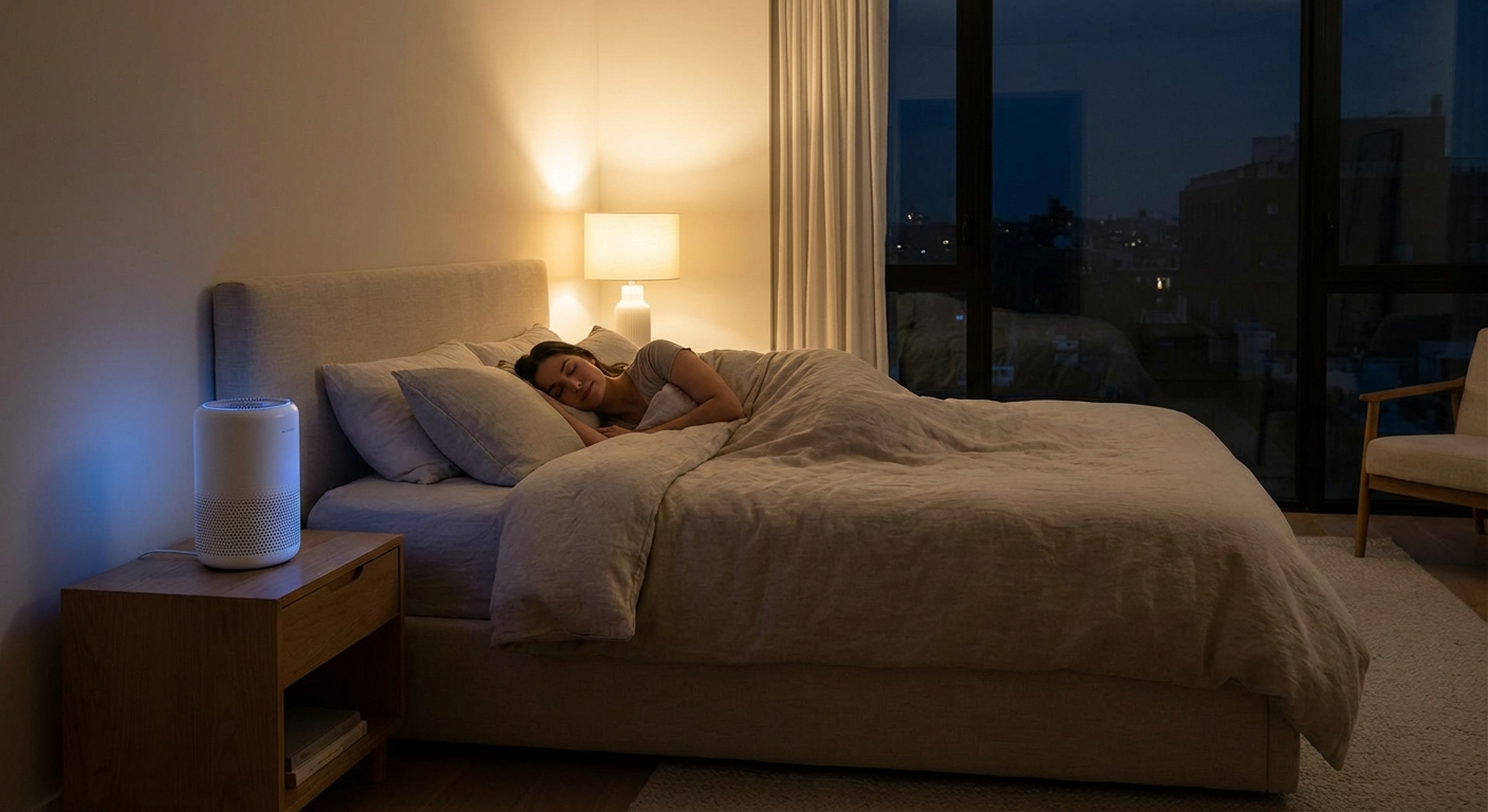 Air purifier in bedroom at night for quiet sleep