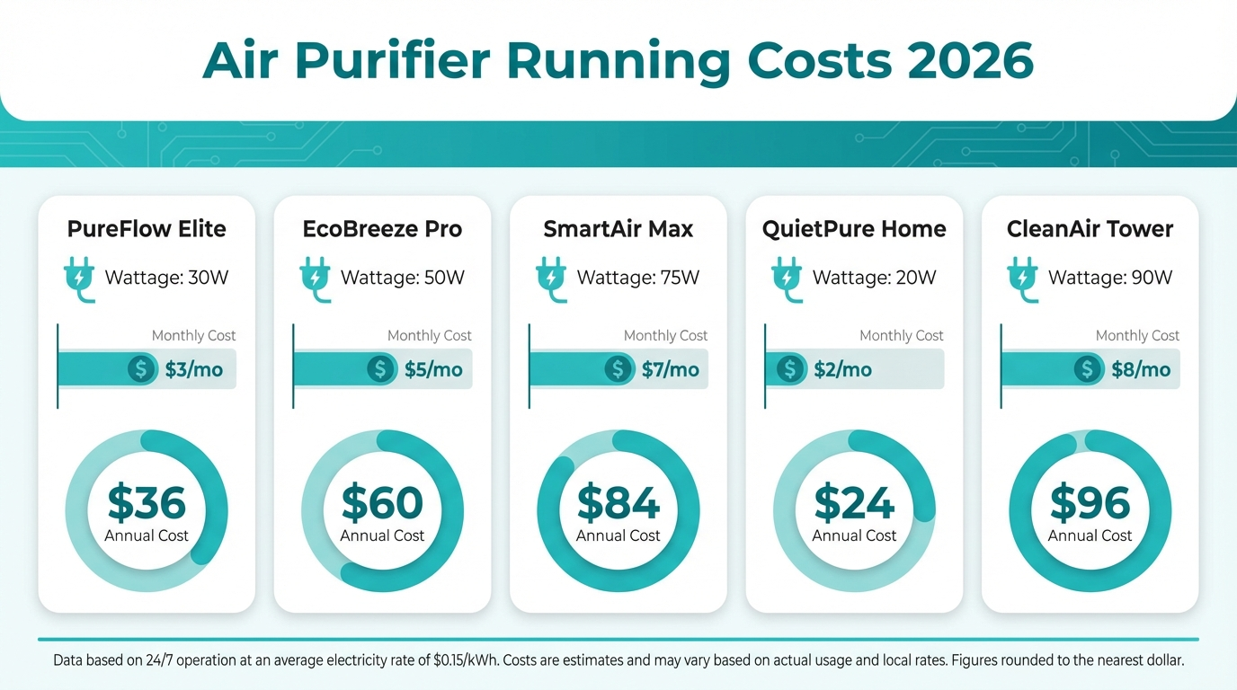 Infographic showing air purifier annual running cost breakdown for electricity and filters