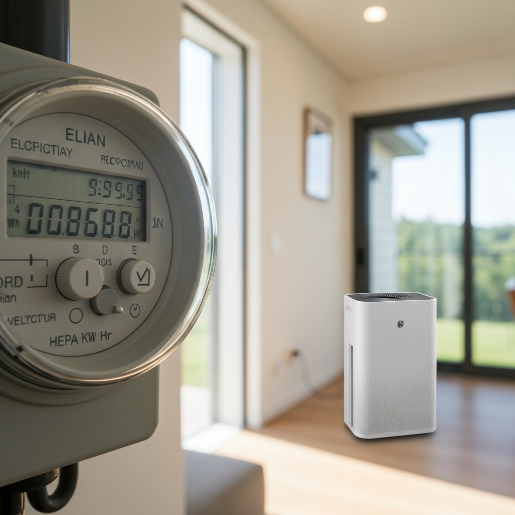 Electricity meter next to an air purifier showing kilowatt-hour consumption