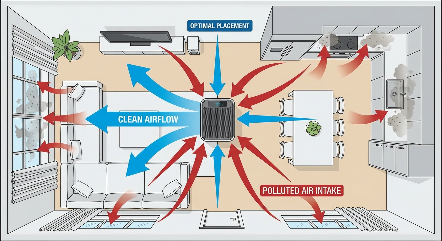 Air purifier placed in a living room for optimal airflow and energy efficiency