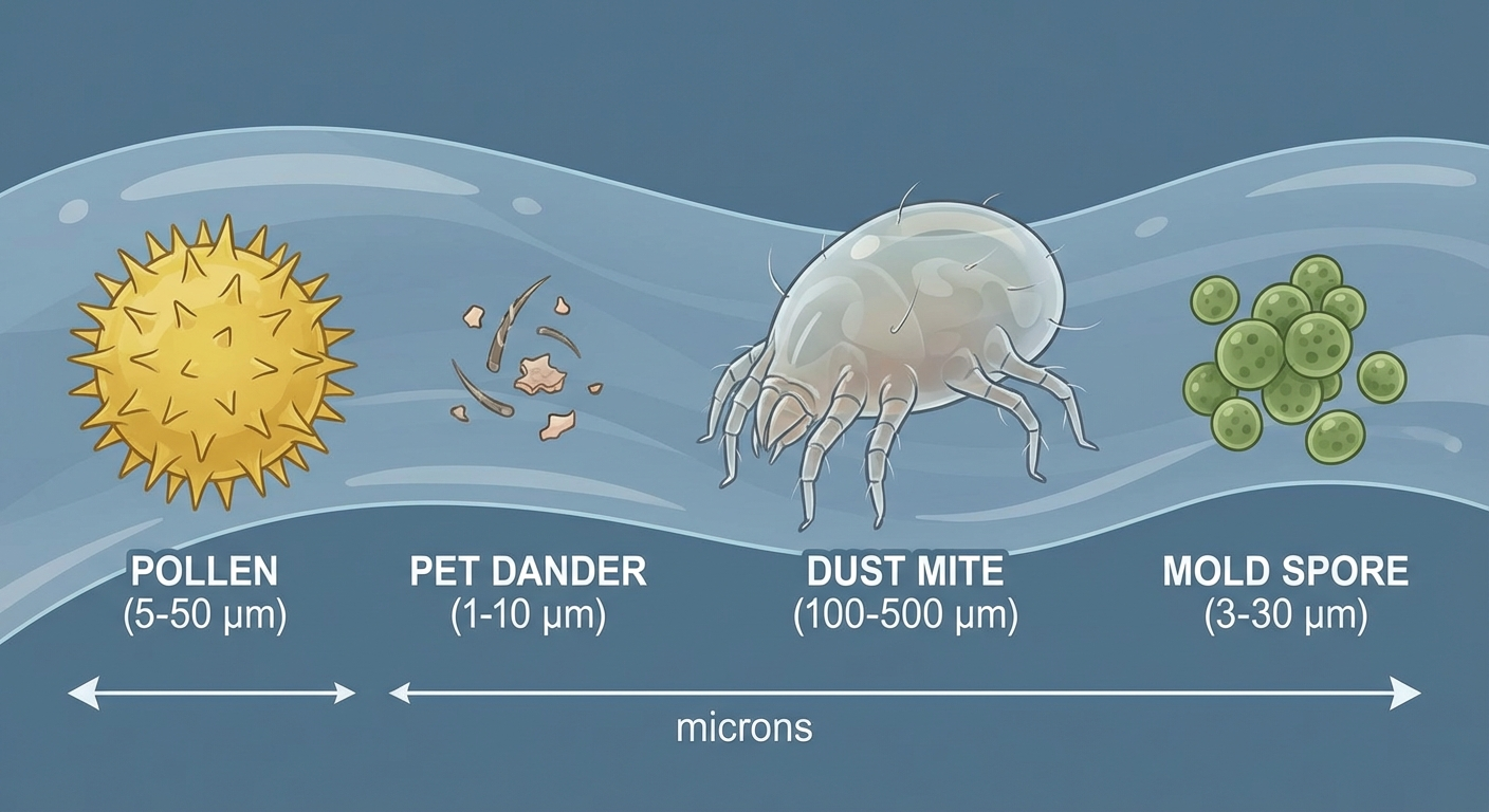 Split-view infographic showing bedroom pollution sources — dust mites in mattress, pet dander, VOC off-gassing from furniture, and fine PM2.5 particles — alongside a HEPA purifier capturing each source type