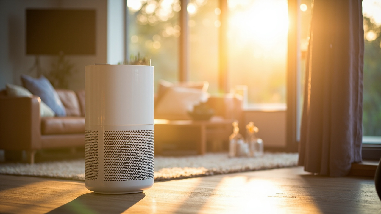 Hero image showing a modern air purifier running in a clean, mould-free Australian living room