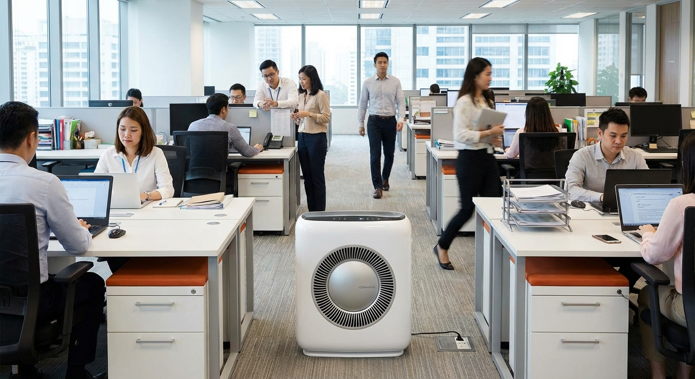 Coway AP-1512HH air purifier in corporate open office setting