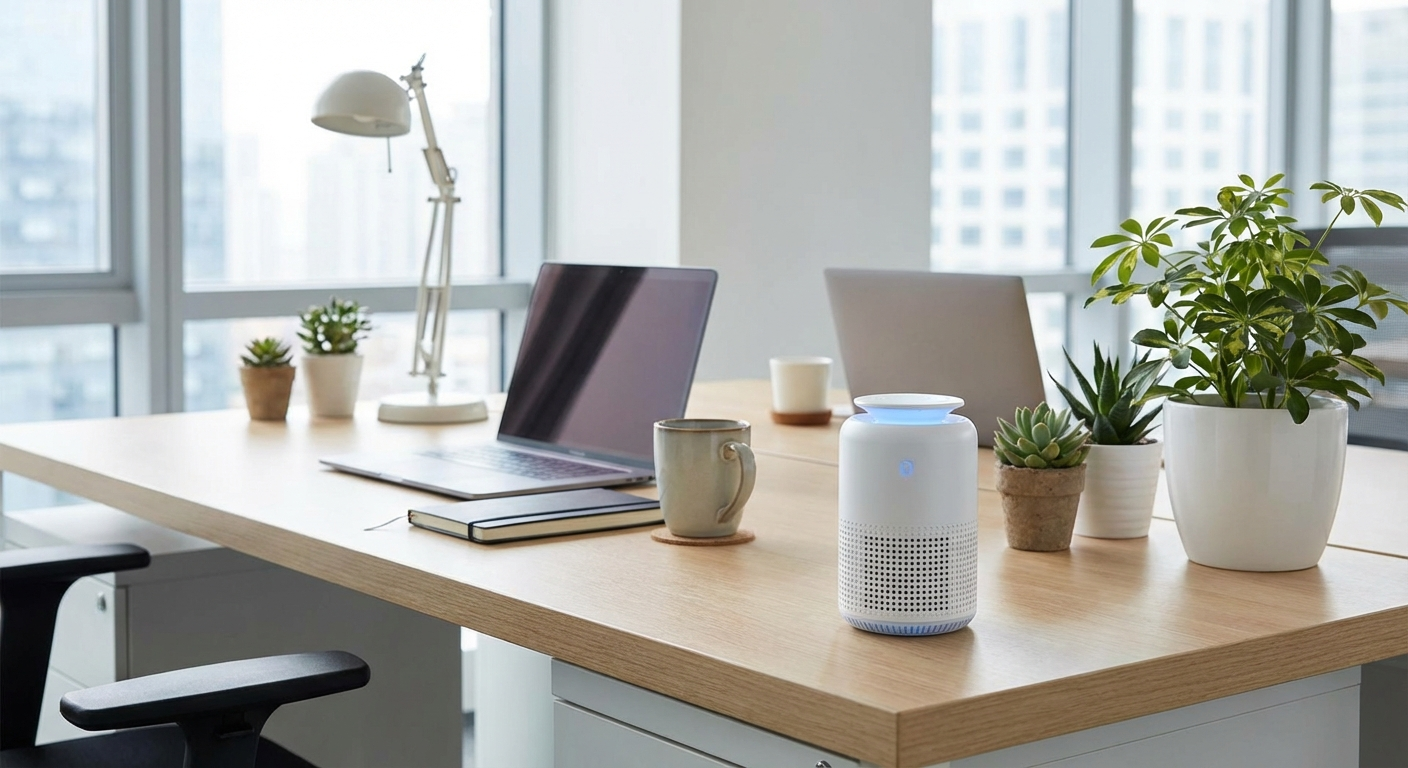 Modern office desk setup with compact air purifier beside computer monitor