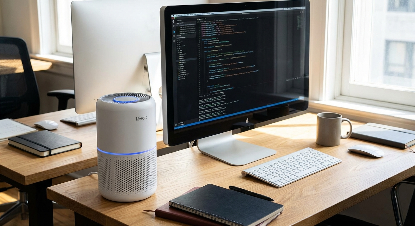 Levoit Core 300S compact air purifier on office desk beside monitor