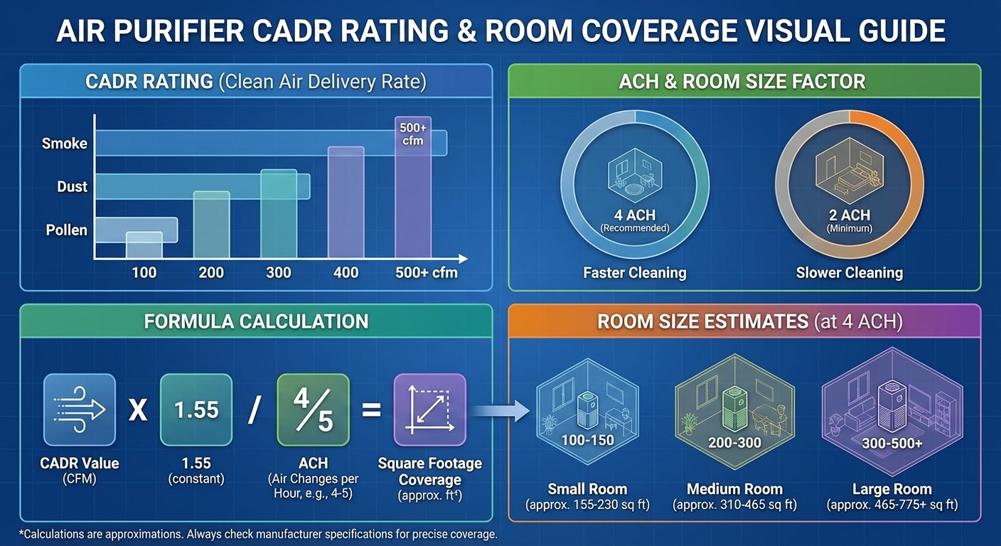 CADR room size calculator chart for large room air purifier selection 2026