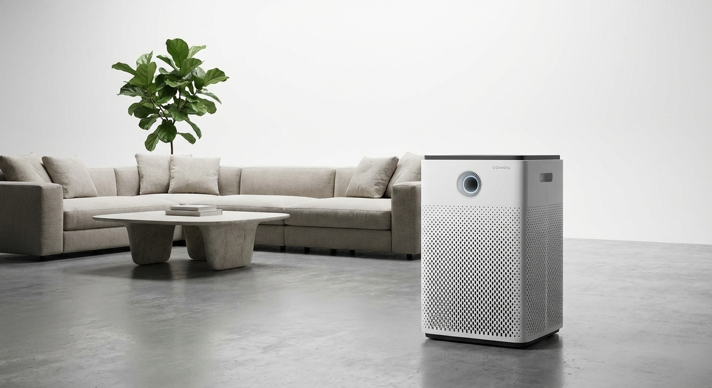 Coway Airmega 400S in a large modern living room showing clean air circulation 2026