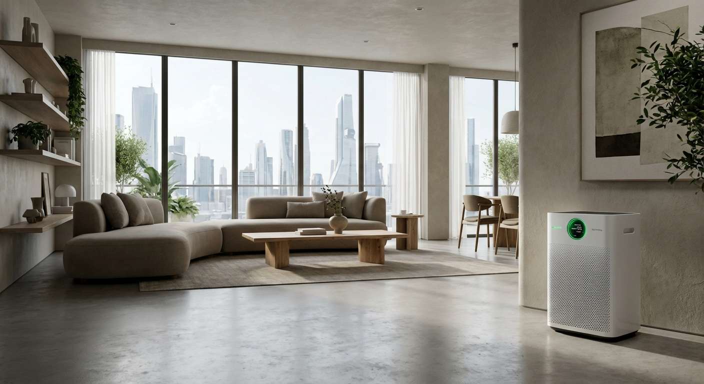 Best air purifier for large rooms hero showing Coway Airmega 400S in a spacious open-plan living area