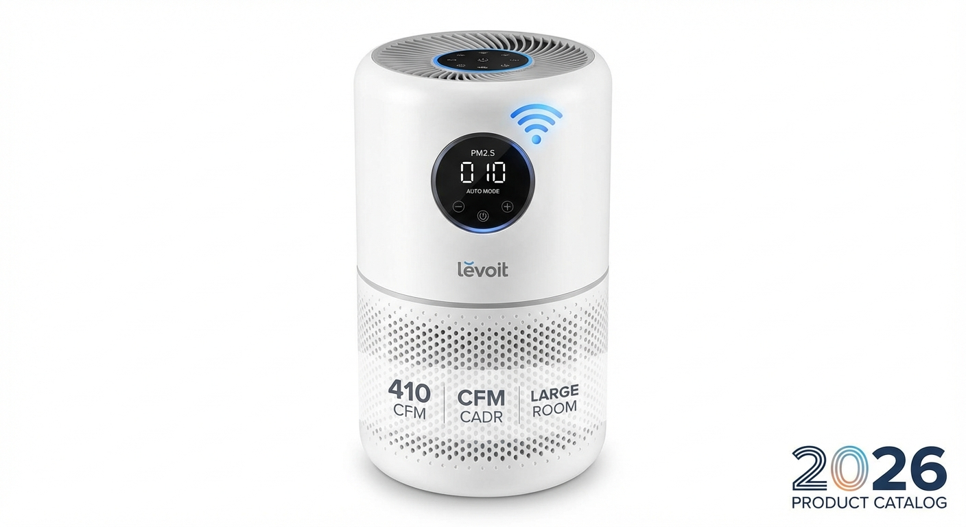 Levoit Core 600S air purifier large room 410 cfm smoke CADR smart app control product photo 2026