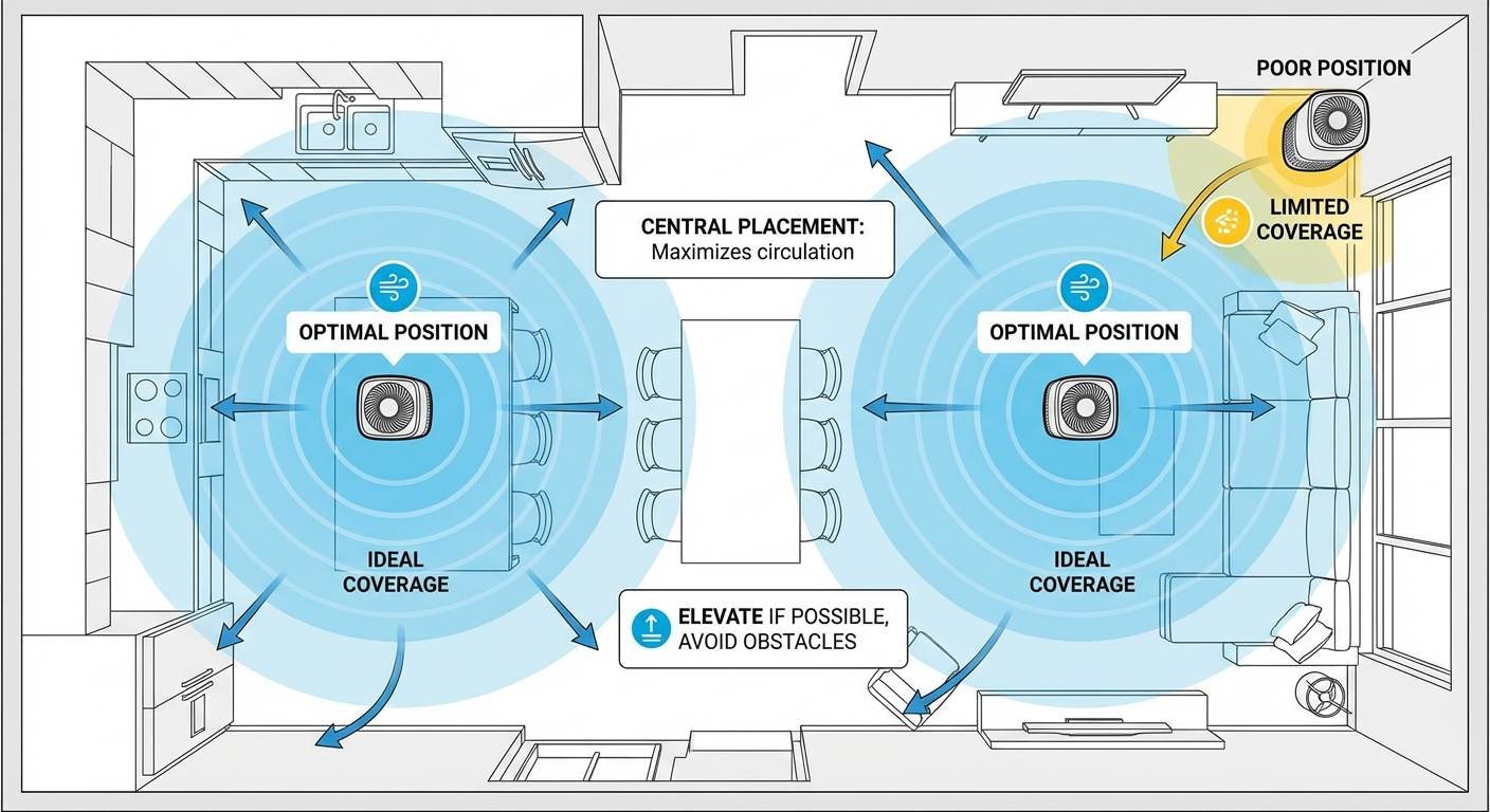 Air purifier optimal placement infographic for open-plan living room showing coverage zones and airflow patterns