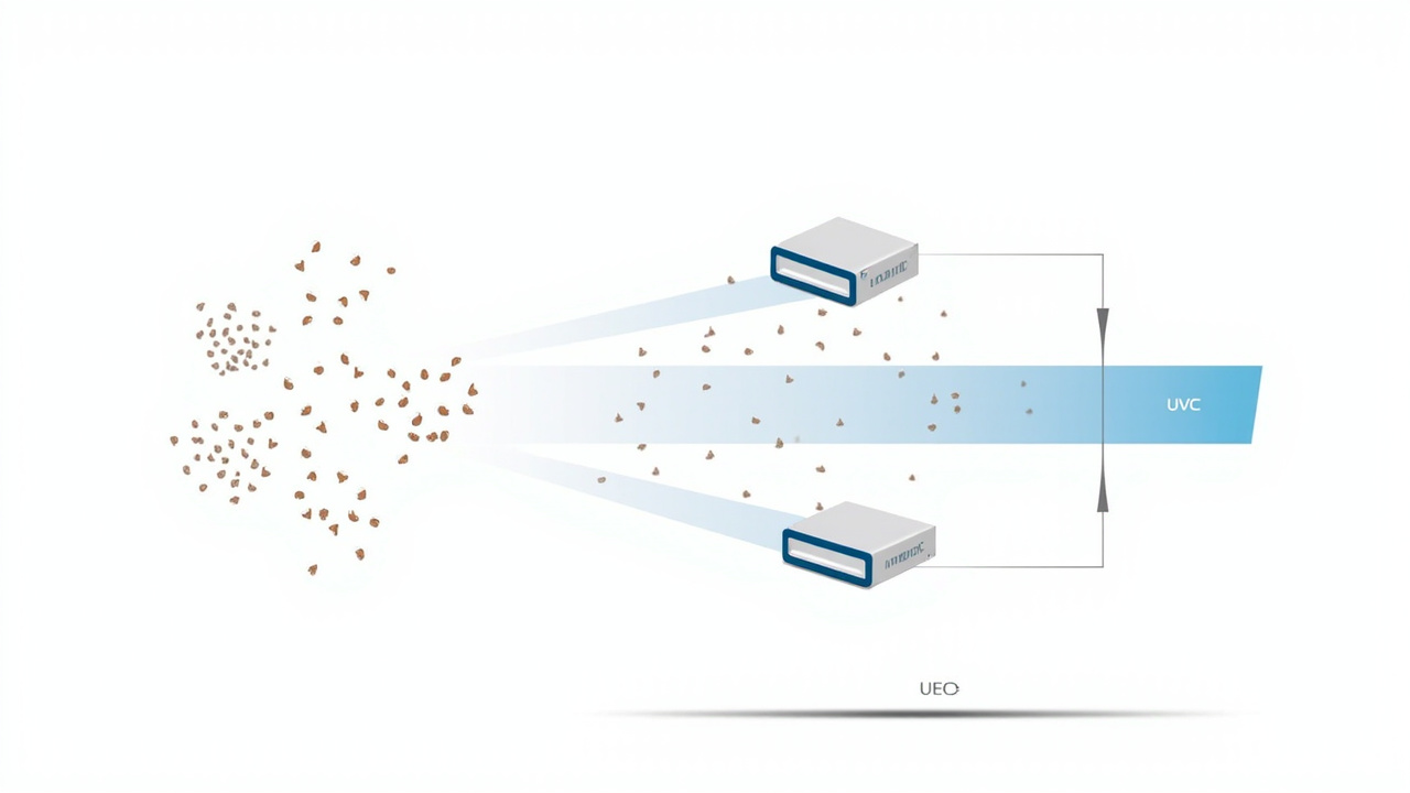 Diagram showing how a HEPA air purifier with UV-C captures and deactivates mould spores in a residential setting
