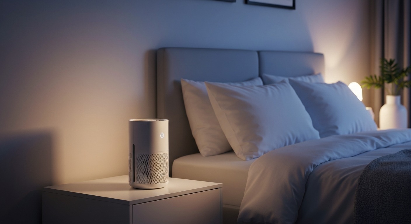 Bedroom air purifier running quietly at night beside a sleeping adult, soft blue indicator light, warm ambient lighting