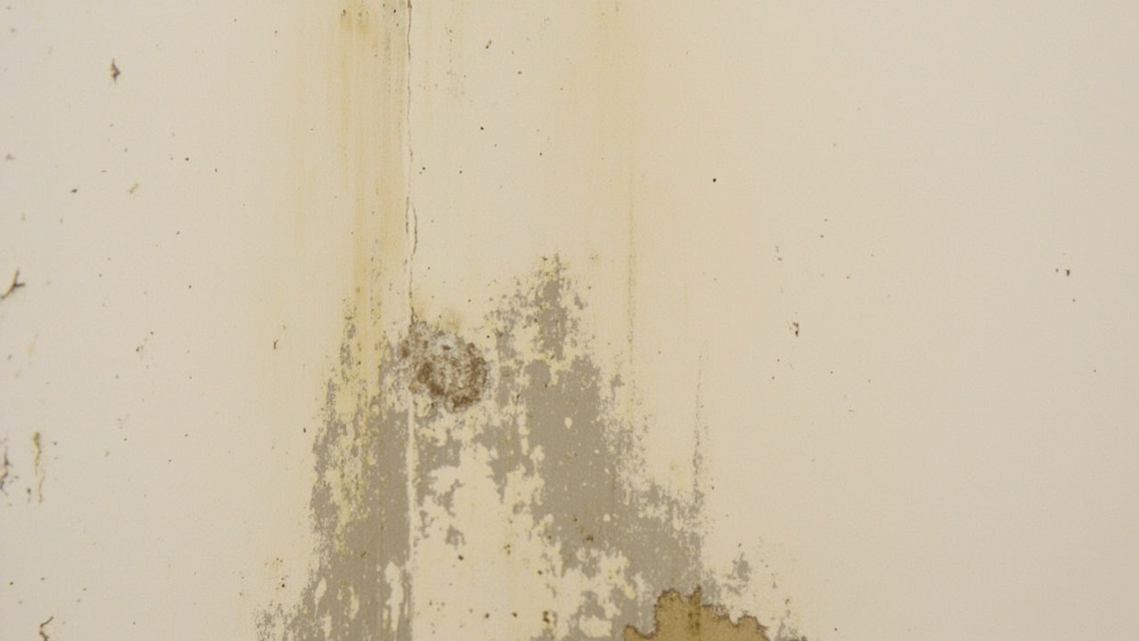 Mould growing on a damp wall in a residential bathroom, showing discoloured patches and peeling paint