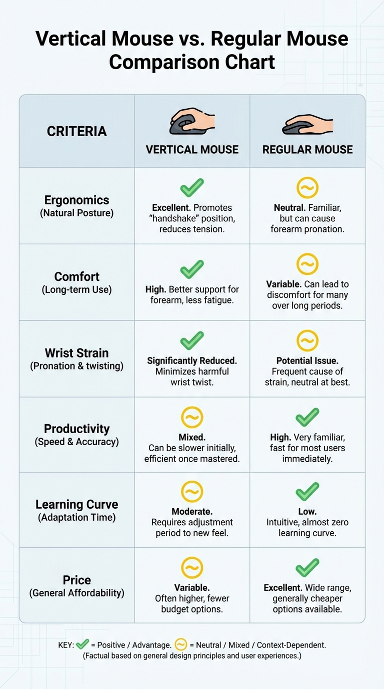 Comparison chart vertical mouse vs regular mouse across ergonomics comfort strain productivity and price