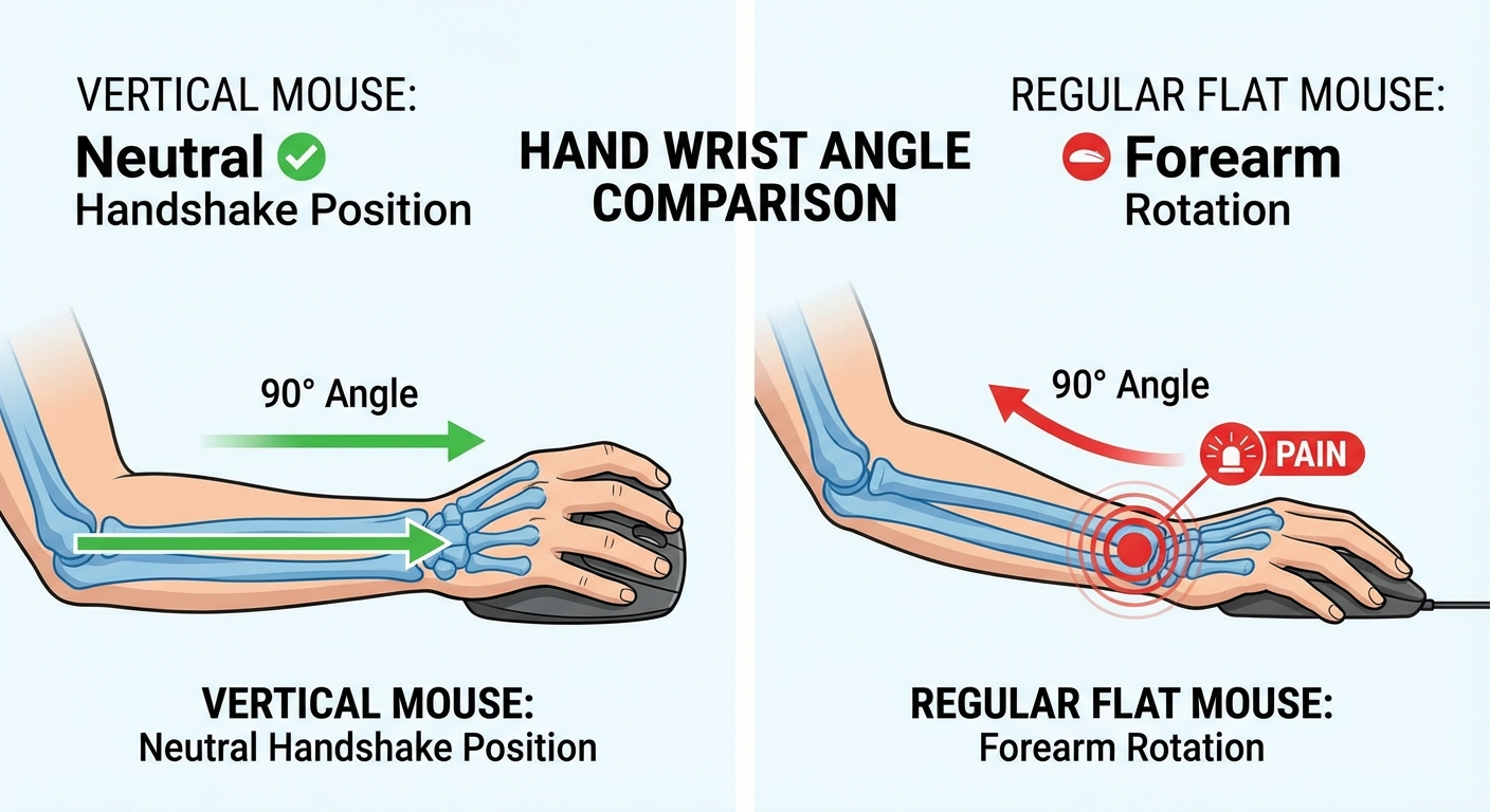 Wrist angle comparison infographic vertical mouse neutral position versus regular mouse forearm rotation