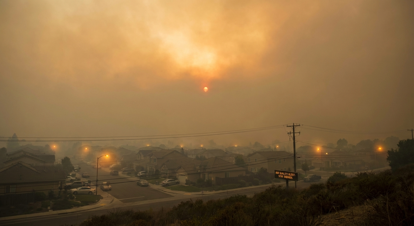 Wildfire smoke creating hazardous air quality over residential neighborhood