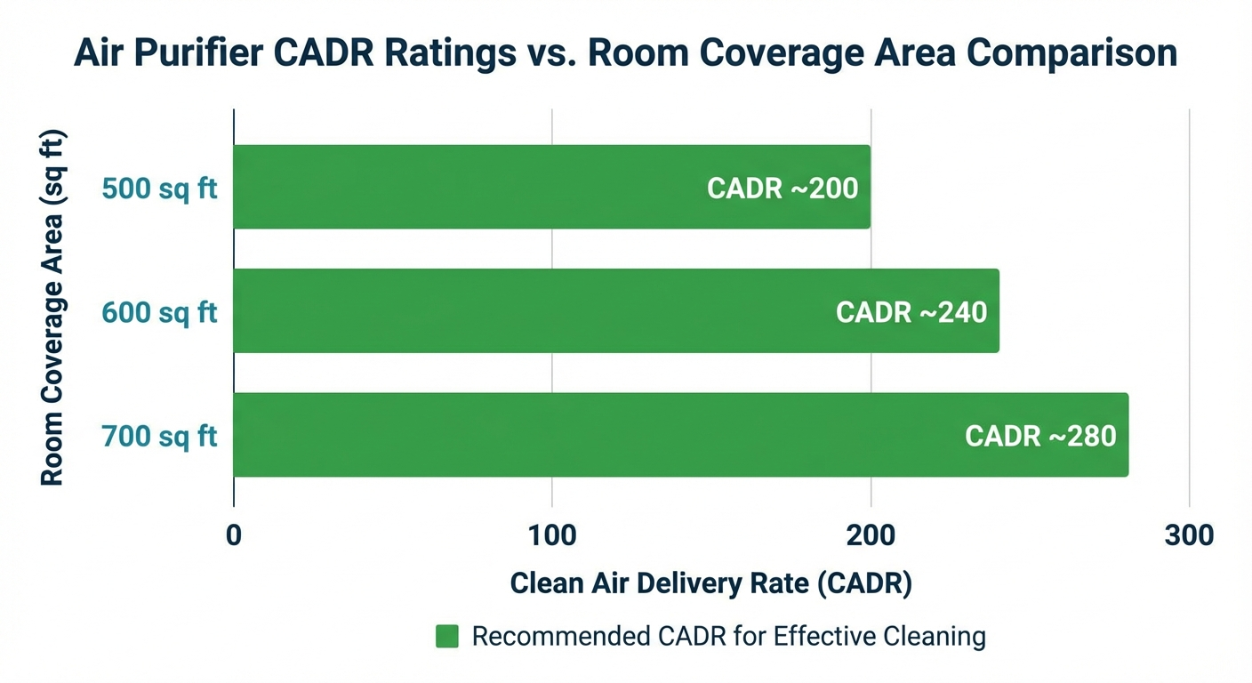 Air purifier CADR vs coverage area infographic for large rooms