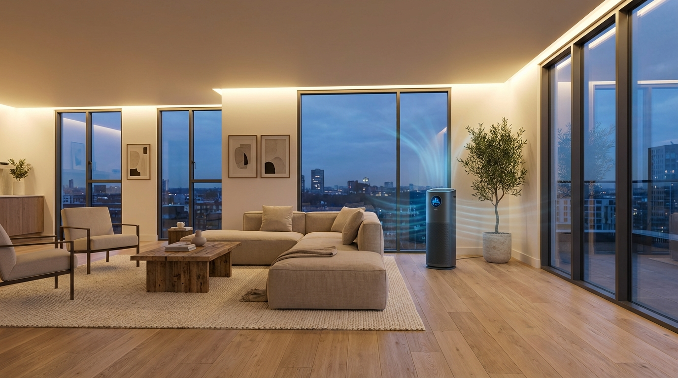 Large room air purifier hero image showing open-plan living room with air purifier running