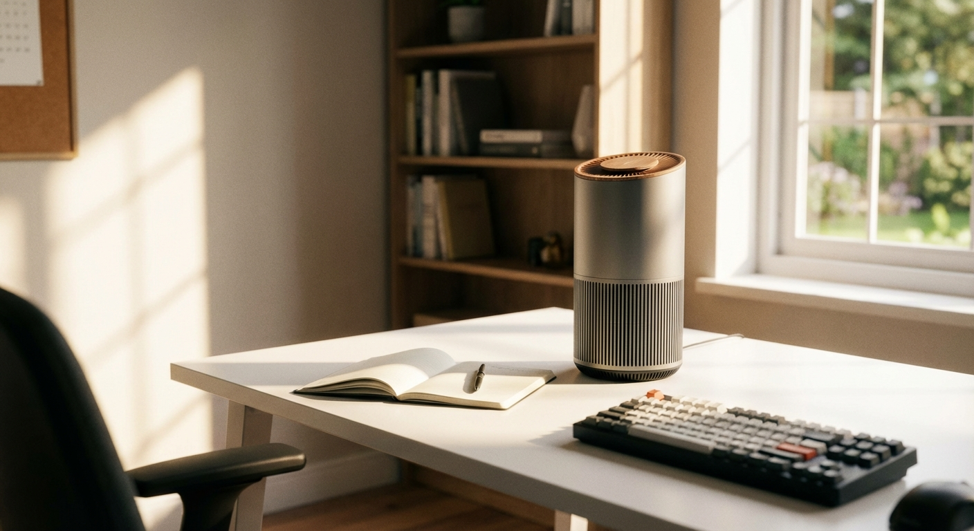 Levoit Core 300S air purifier on a desk beside a laptop in a small private office