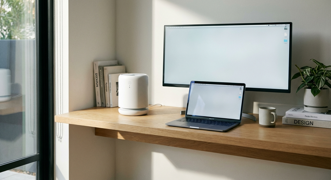 Modern office with a compact air purifier on a desk beside a monitor