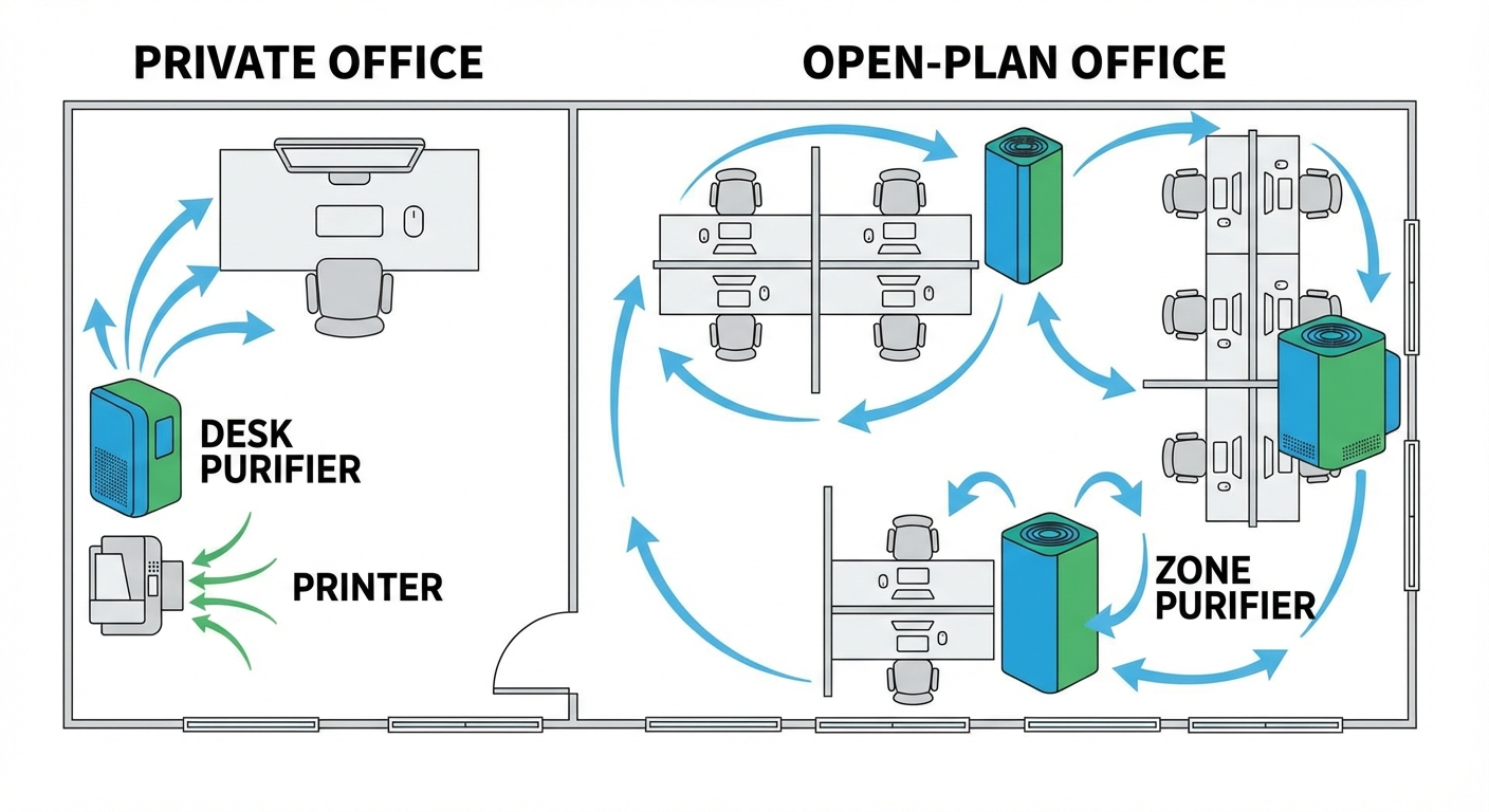 Office air purifier placement infographic showing optimal zones in an open-plan office
