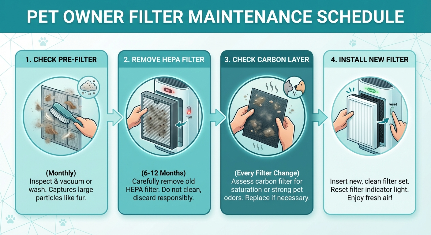Pet owner replacing air purifier filter — step by step guide infographic