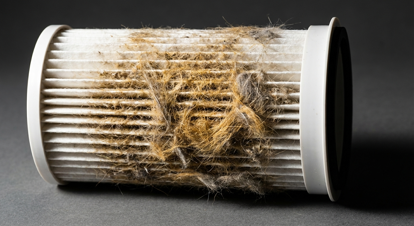 Close-up of air purifier filter clogged with pet hair and dander