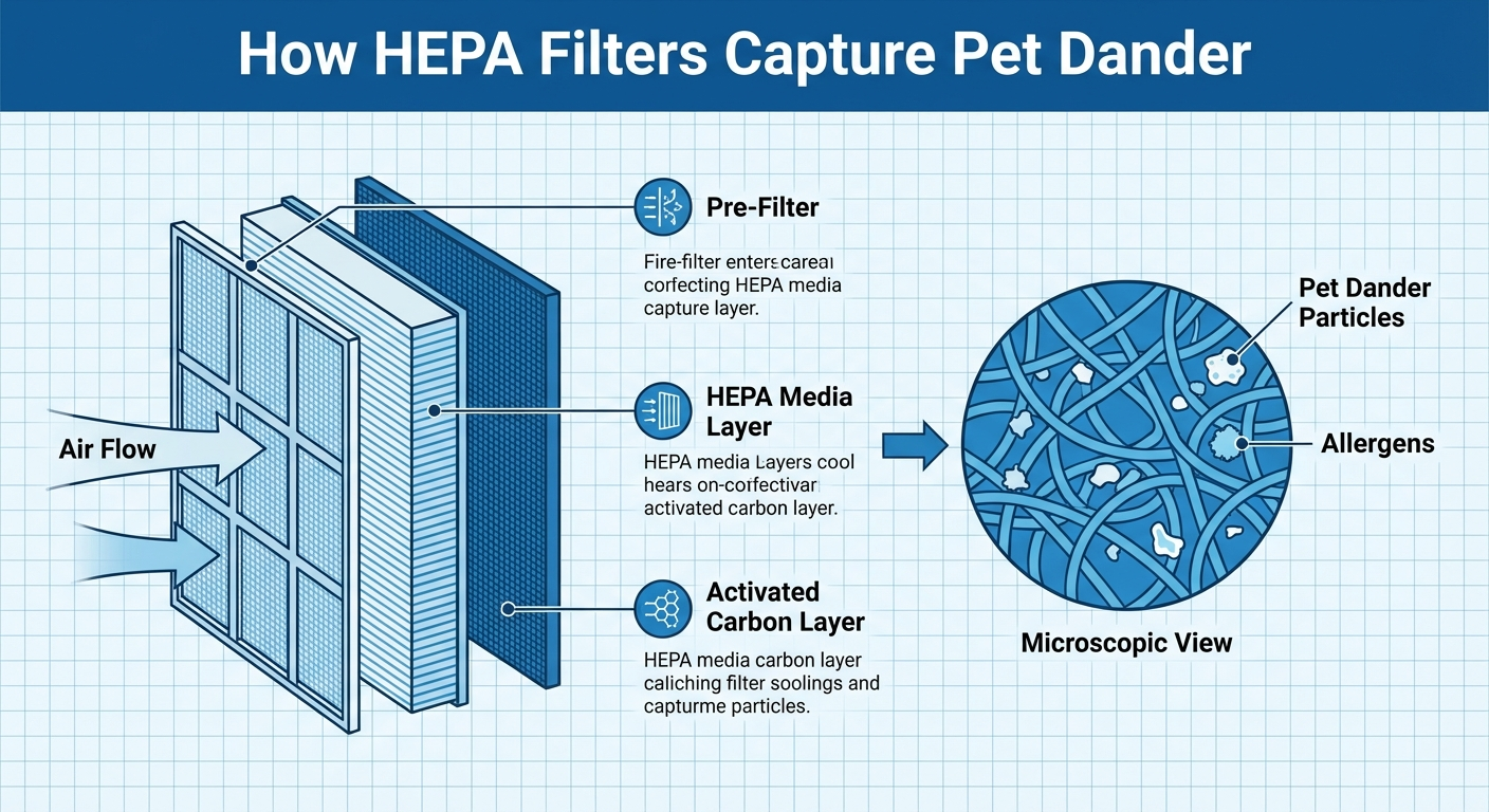 Air purifier HEPA filter capturing pet dander particles infographic