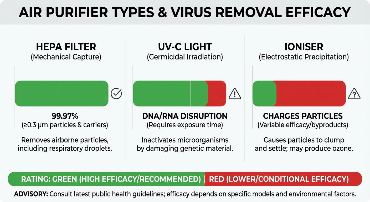 Infographic: Air Purifier Effectiveness Against Airborne Viruses — HEPA vs UV vs ioniser comparison
