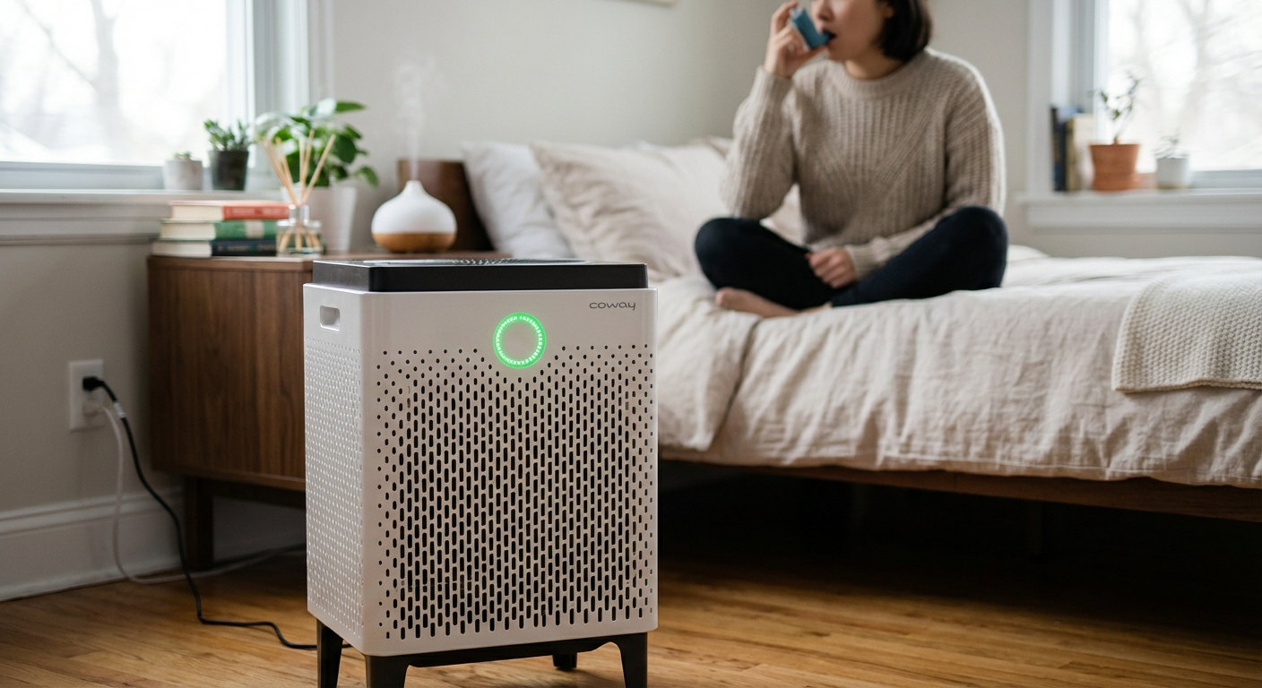 Coway Airmega AP-1512HH in a bedroom environment optimized for asthma relief.