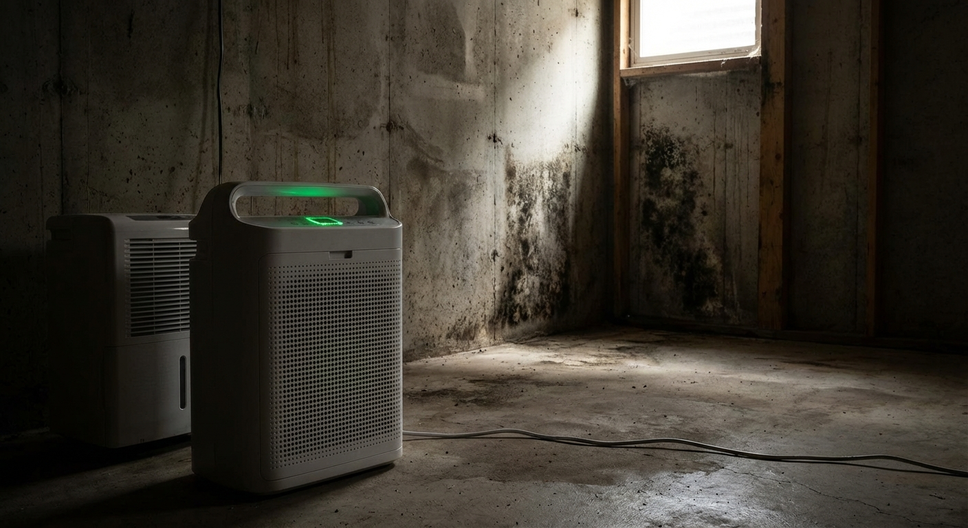 Basement mold scenario with air purifier placement.